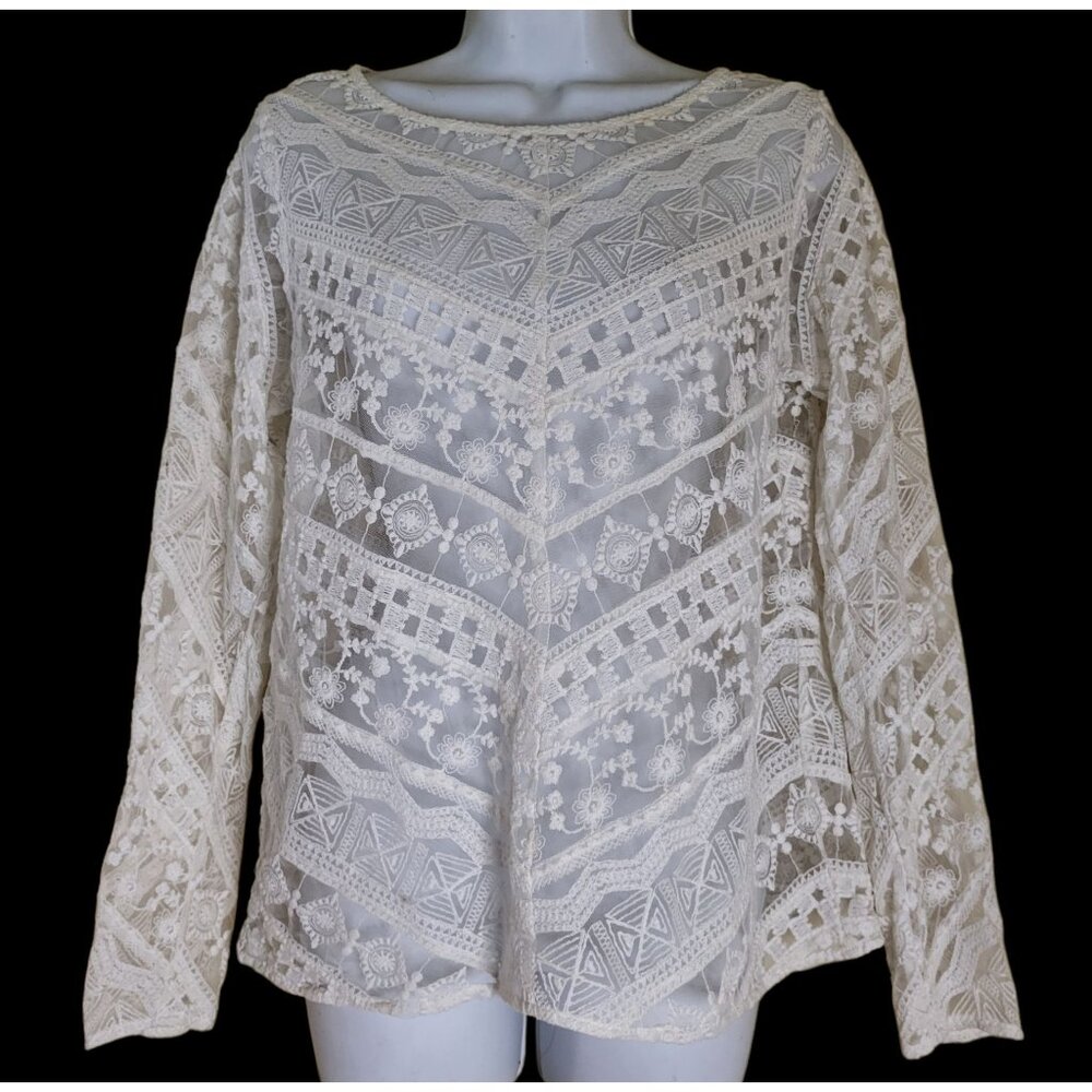 Sundance All-Over Lace Top Size S Cream Off-White Long Sleeve Pullover